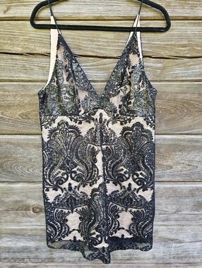 Free People Black Lace Sequin Slip Dress Size 12 Nude Sheer Party Mini